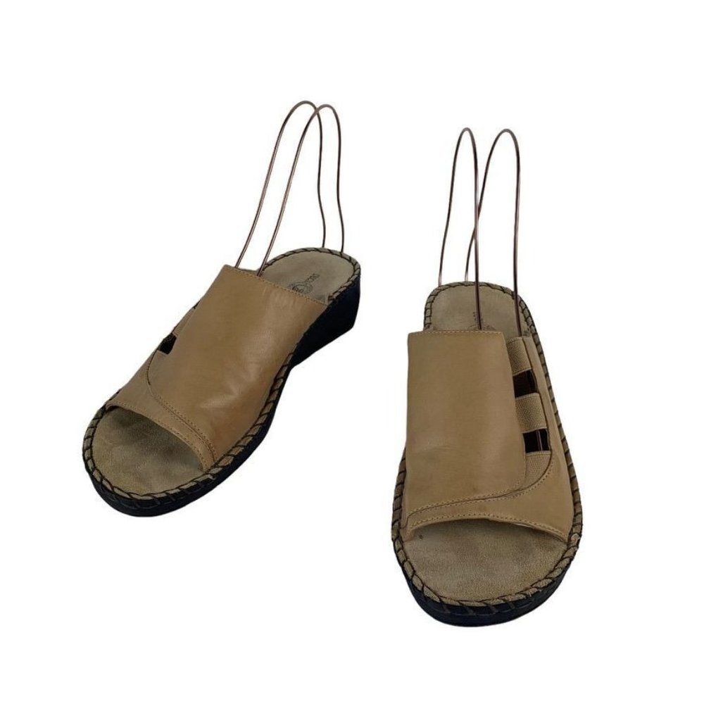 Duck Head Tan Leather Slide Sandals Cut Outs Wedges Elastic‎ Inset Brazil 8.5W